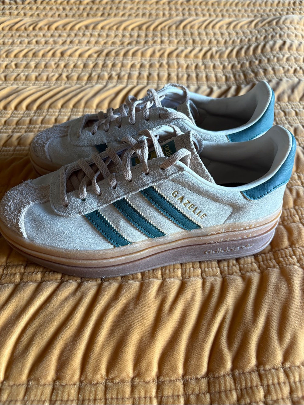 Adidas Gazelle Platform Sneakers in Off-White with Teal Stripes